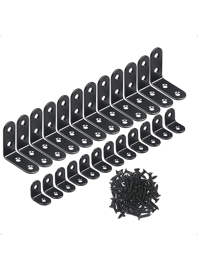 promass Corner Brace, 24 Pcs Black 90 Degree Right Angle Corner Bracket, Black Small Right Angle Bracket with Screws, Stainless Steel L Brackets for Shelves, Wood Furniture (12Pcs-40mm/12Pcs-20mm) - Image 1