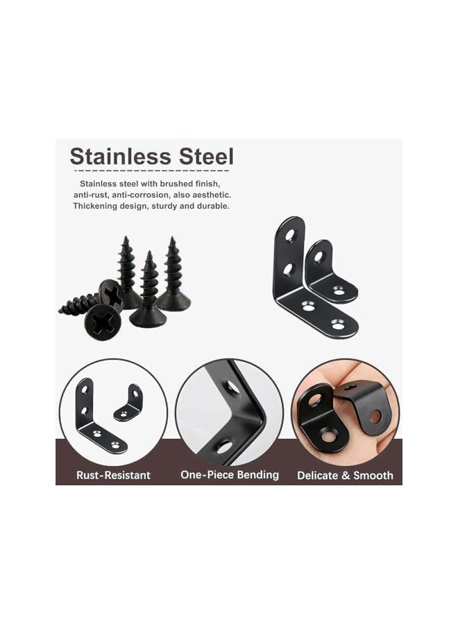 promass Corner Brace, 24 Pcs Black 90 Degree Right Angle Corner Bracket, Black Small Right Angle Bracket with Screws, Stainless Steel L Brackets for Shelves, Wood Furniture (12Pcs-40mm/12Pcs-20mm) - Image 2