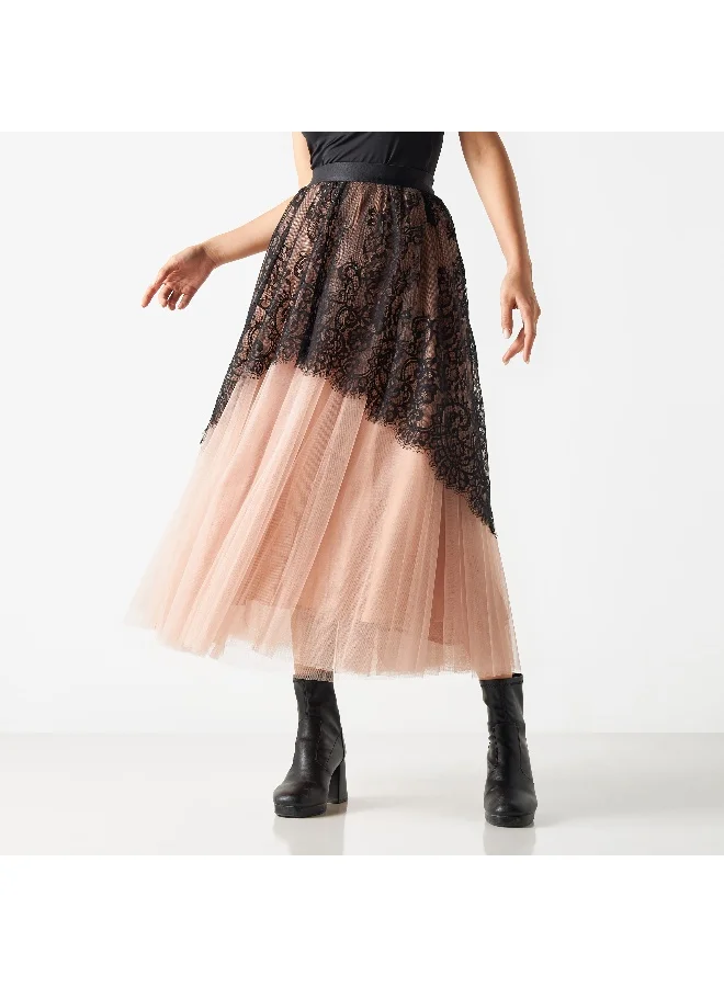 2Xtremz 2Xtremz Mesh Midi A-line Skirt with Lace Overlay and Elasticised Waistband