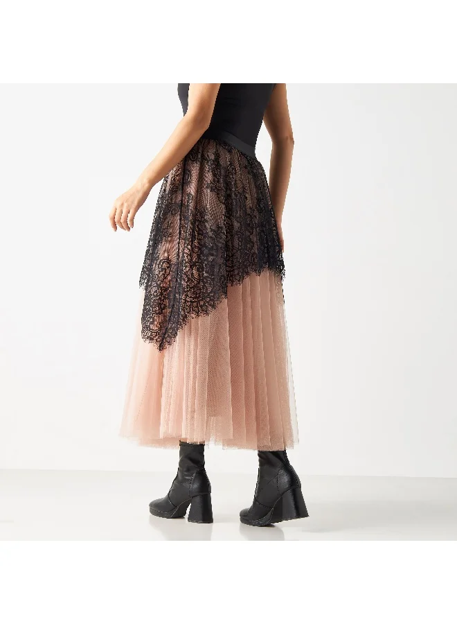 2Xtremz 2Xtremz Mesh Midi A-line Skirt with Lace Overlay and Elasticised Waistband
