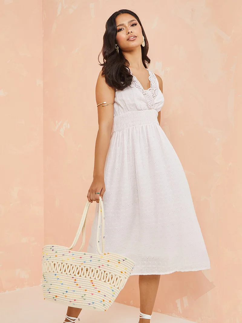Styli Sleeveless Cotton Schiffli A-Line Midi Dress