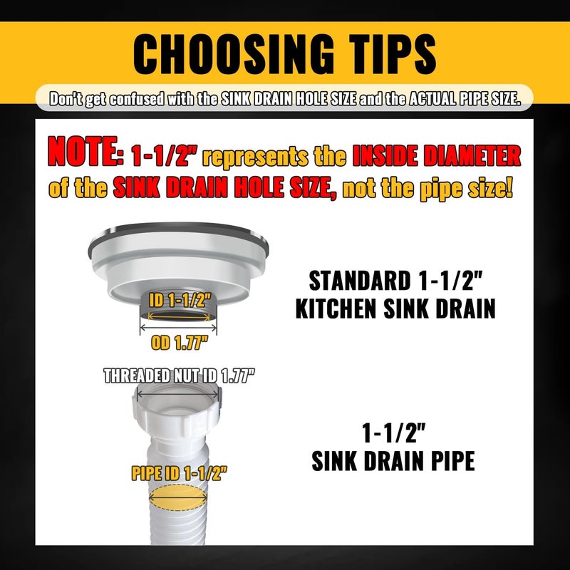 VIVIDA 1-1/2" Sink Drain Pipe Kit, Flexible Drain Pipe P Trap, 7.5"-17.7" Flexible P Trap, Under Sink Plumbing for Bathroom & Kitchen, 1-1/4" Adapter Included, 1 PACK - Image 5
