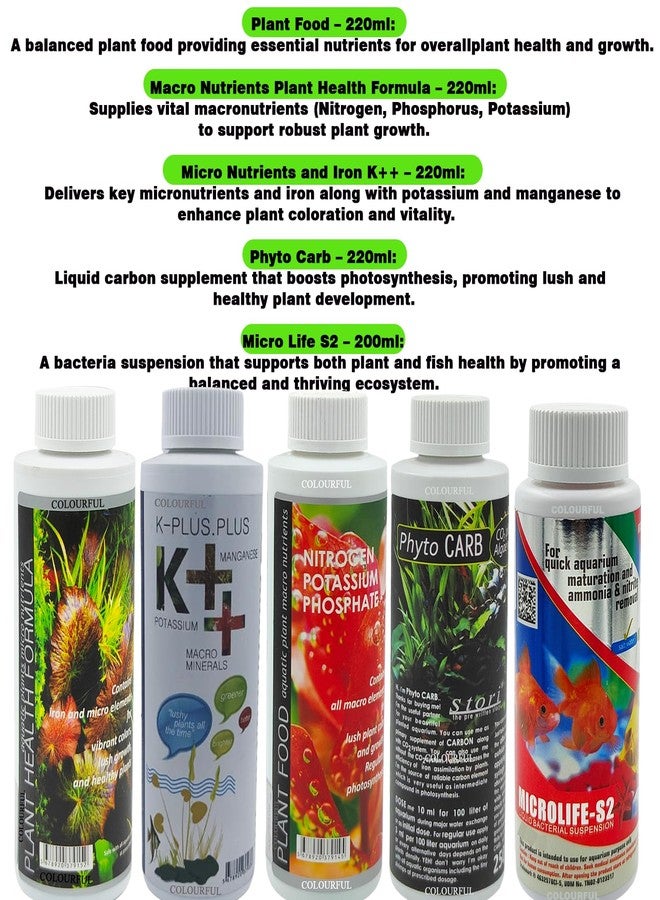 COLOURFUL - Aquatic Remedies 5-in-1 Plant Care Combo: Plant Health 220ml + Plant Food 220ml + K++ 220ml + Phyto Carb 220ml + Micro Life S2 200ml - Ultimate Aquarium Plant Care Solution - Image 2