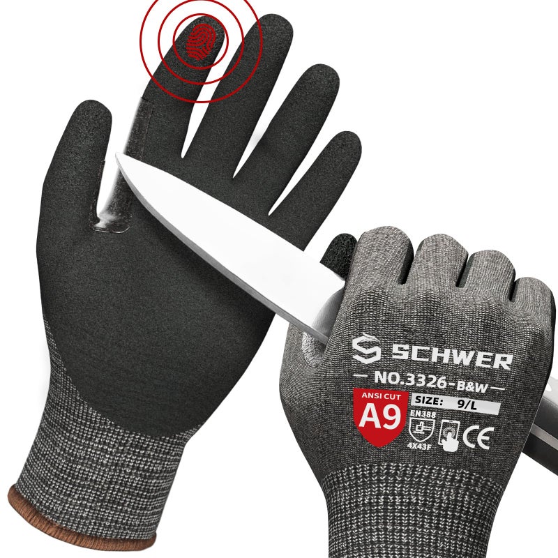 Schwer ProGuard Highest Level Cut Resistant Work Gloves PR3326 for Extreme ProtectionANSI A9 Cut Gloves with Reinforced Thumb Non Slip Breathable Durable Touchscreen Non PFAS Black 1 PairL