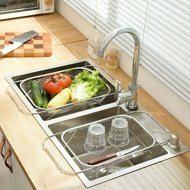 JMC Over The Sink Stainless Steel Oval Colander with Fine Mesh 6 Quart Strainer Basket Expandable Handles Strain Drain Rinse Fruits Vegetables - Image 2
