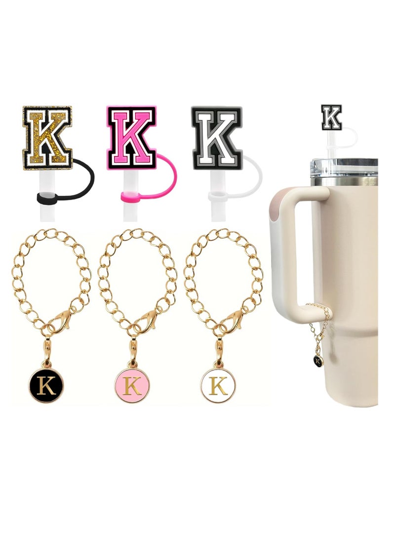Mmmon 3PCS Straw Cover 10mm For Tumbler Cup Reusable Straw Cap Topper and 3 Initial Letter Charms K Handle Charm For 30 and 40 Oz Cup Tumbler - Image 1