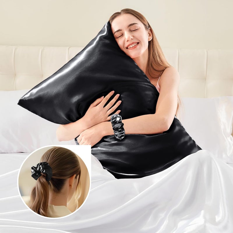 BEDELITE Satin Cushion Cover, Set of 2, 40 x 60 cm, Black | Silk Pillowcase Alternative, Soft for Summer, 2 Hair Bobbles Included, for Hair and Skin - Image 5