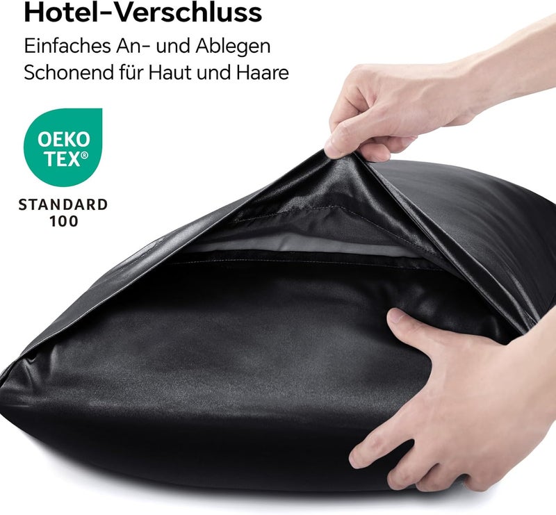 BEDELITE Satin Cushion Cover, Set of 2, 40 x 60 cm, Black | Silk Pillowcase Alternative, Soft for Summer, 2 Hair Bobbles Included, for Hair and Skin - Image 2