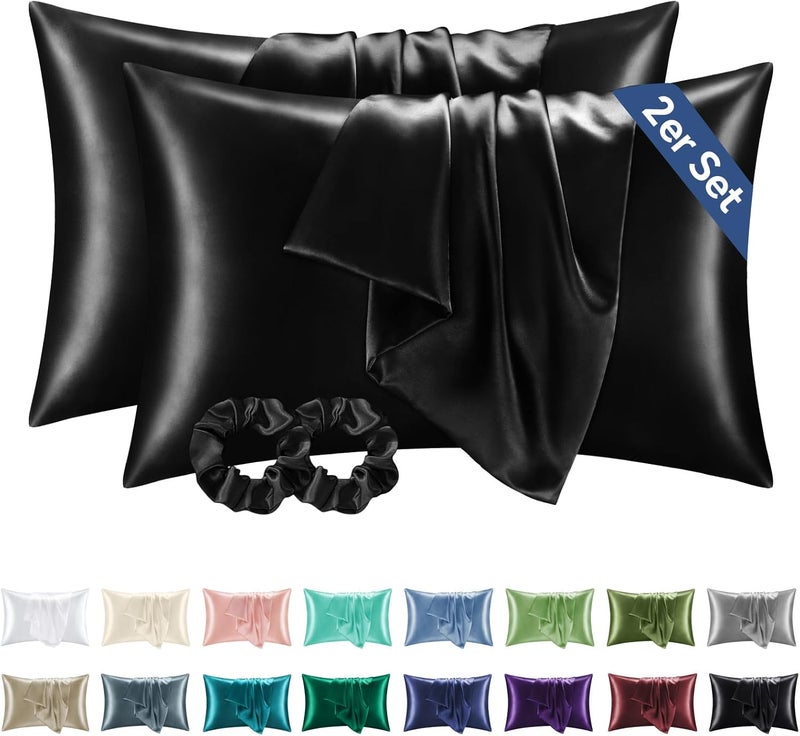 BEDELITE Satin Cushion Cover, Set of 2, 40 x 60 cm, Black | Silk Pillowcase Alternative, Soft for Summer, 2 Hair Bobbles Included, for Hair and Skin - Image 1
