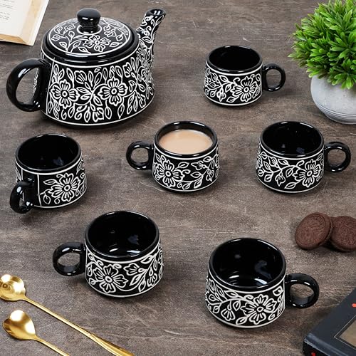 CRAF10 Ceramic Hand Painted with Brush Black Desire Tea Morning Set - 1 Kettle (1 Litre) & 6 Cups (160 ML) | Microwave & Dishwasher Safe | Teapot | Tea Sets with Kettle for Gifting - Image 2