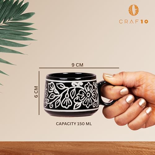 CRAF10 Ceramic Hand Painted with Brush Black Desire Tea Morning Set - 1 Kettle (1 Litre) & 6 Cups (160 ML) | Microwave & Dishwasher Safe | Teapot | Tea Sets with Kettle for Gifting - Image 4