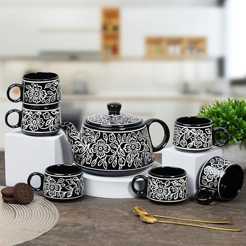 CRAF10 Ceramic Hand Painted with Brush Black Desire Tea Morning Set - 1 Kettle (1 Litre) & 6 Cups (160 ML) | Microwave & Dishwasher Safe | Teapot | Tea Sets with Kettle for Gifting - Image 1
