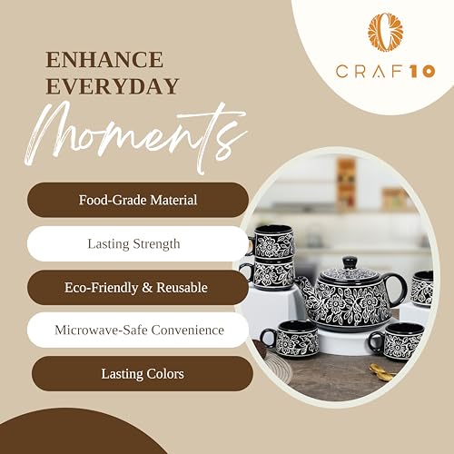 CRAF10 Ceramic Hand Painted with Brush Black Desire Tea Morning Set - 1 Kettle (1 Litre) & 6 Cups (160 ML) | Microwave & Dishwasher Safe | Teapot | Tea Sets with Kettle for Gifting - Image 5