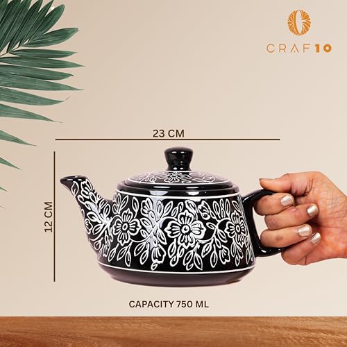 CRAF10 Ceramic Hand Painted with Brush Black Desire Tea Morning Set - 1 Kettle (1 Litre) & 6 Cups (160 ML) | Microwave & Dishwasher Safe | Teapot | Tea Sets with Kettle for Gifting - Image 3