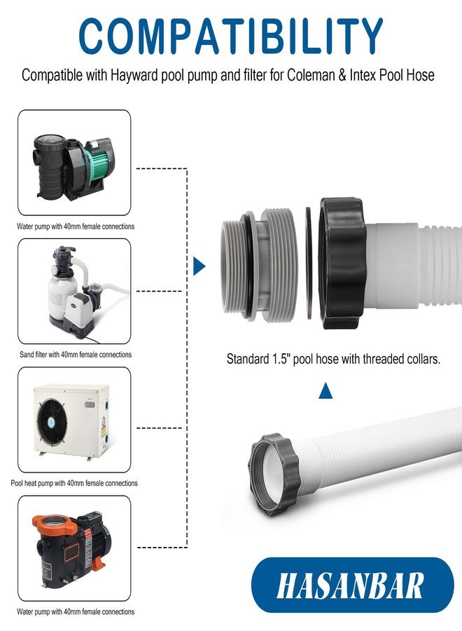 Hasanbar Hose Conversion Adapters Kit for Intex & Coleman Pools, 4560 40mm Hose to 1 1/2 Inch Filter Hose Conversion Kit for Hayward Pool Filter Pump Hose Connector Above Ground Pools Part, 2 Pack, Grey - Image 3