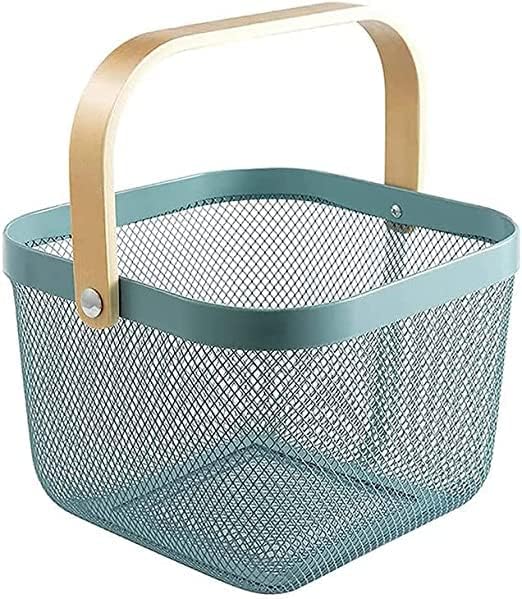 JUVIW Mesh Steel Storage Organizer Basket Fruit Basket Bin with Wood Handle Ideal for Kitchen Bathroom Picnic Pantry Cabinets Storage Home Decor Light Blue - Image 1