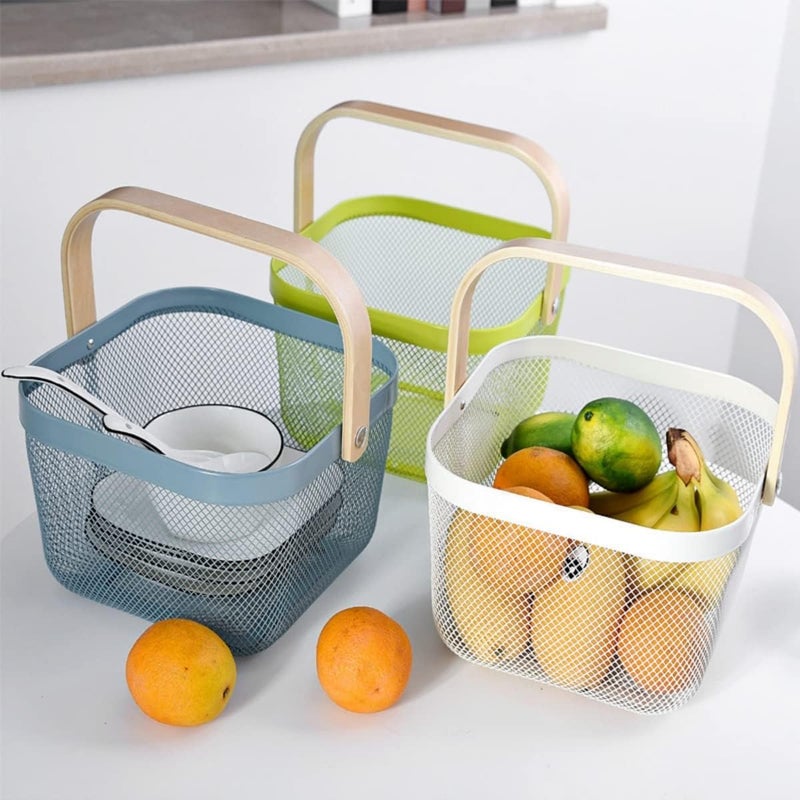 JUVIW Mesh Steel Storage Organizer Basket Fruit Basket Bin with Wood Handle Ideal for Kitchen Bathroom Picnic Pantry Cabinets Storage Home Decor Light Blue - Image 4