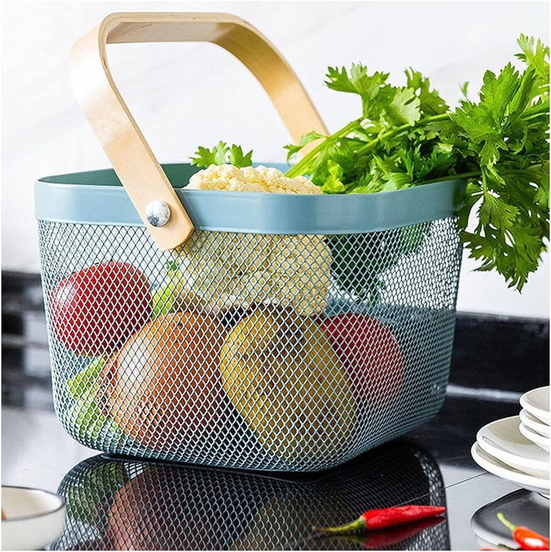 JUVIW Mesh Steel Storage Organizer Basket Fruit Basket Bin with Wood Handle Ideal for Kitchen Bathroom Picnic Pantry Cabinets Storage Home Decor Light Blue - Image 2