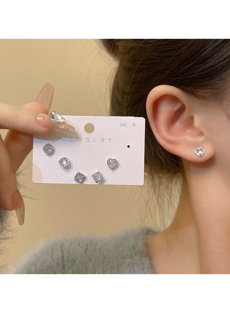 Goolsky S925 Sterling Silver Zircon Earring Set – Heart & Square Studs for Women, Korean Style Dainty Jewelry, Hypoallergenic - Image 1