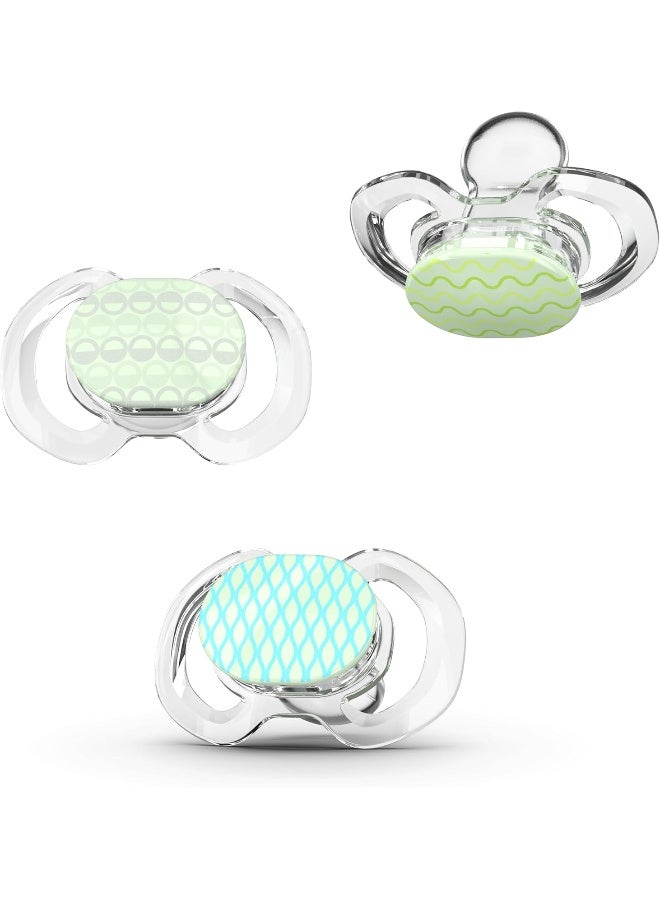 Smilo Baby Pacifier with Orthodontic Design for Healthy Dental Development - Stage 1 for Babies 0-3 Months - Pack of 3X 100% Silicone Newborn Pacifiers BPA Free - Glow-in-The-Dark - Image 1