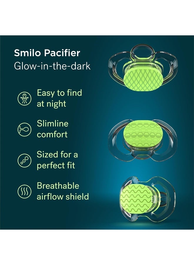 Smilo Baby Pacifier with Orthodontic Design for Healthy Dental Development - Stage 1 for Babies 0-3 Months - Pack of 3X 100% Silicone Newborn Pacifiers BPA Free - Glow-in-The-Dark - Image 3