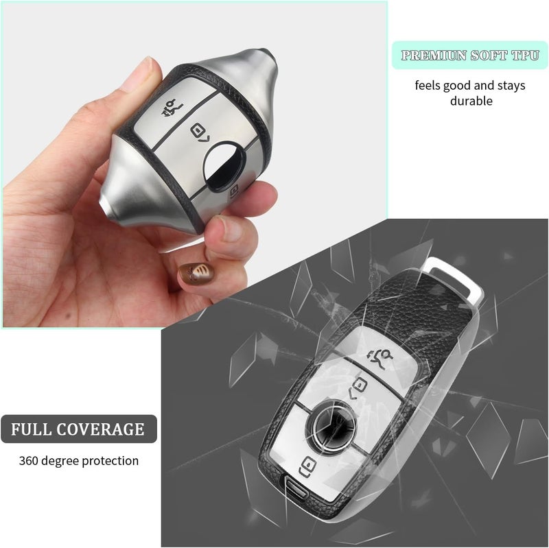 FT FUNTOR TPU Leather Key Cover for Mercedes Benz with 3 Buttons - C-Silvery - Image 4