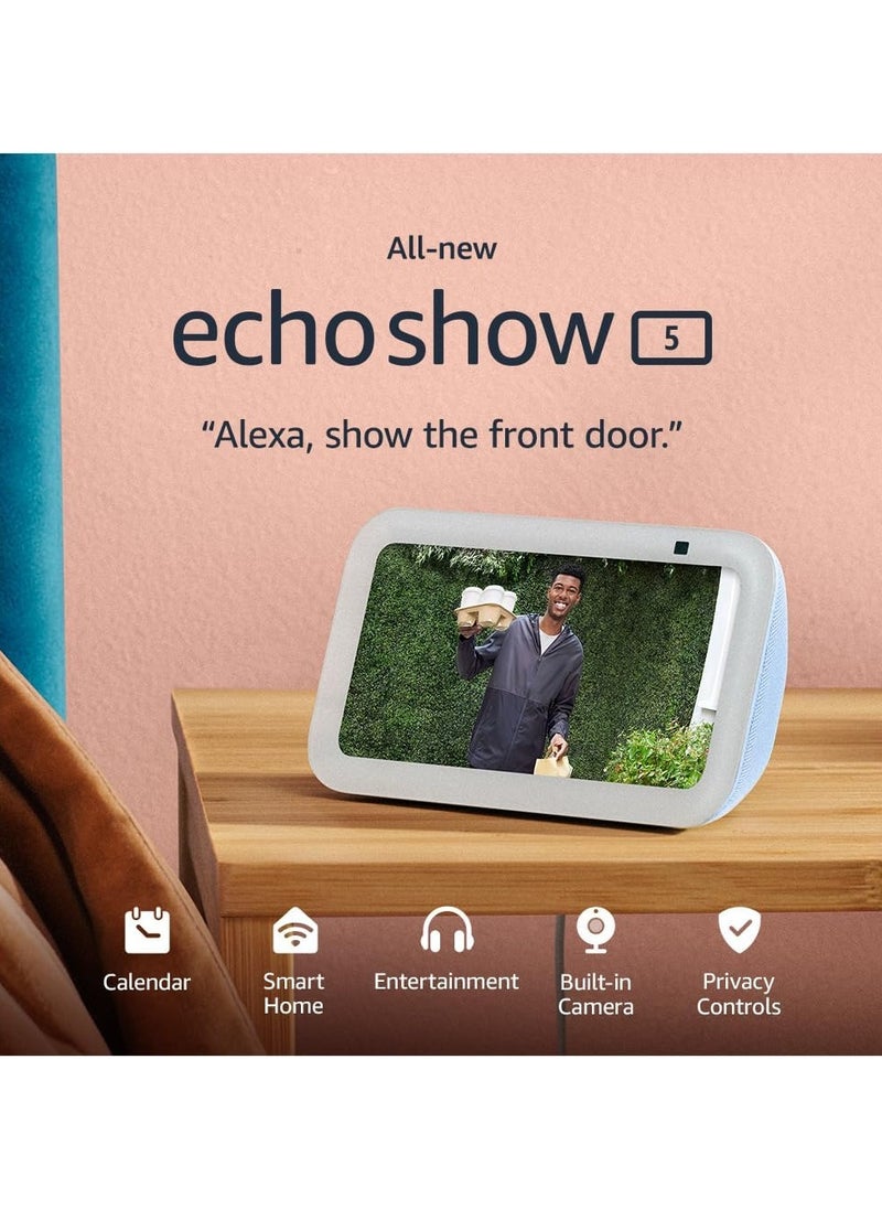 REBENUO - Echo Show 5 (2rd Gen, 2021 release)  Smart display & alarm clock with clearer sound  Use your voice to control smart home devices, play music or the Quran, & more (speaks Khaleeji)  White - Image 1