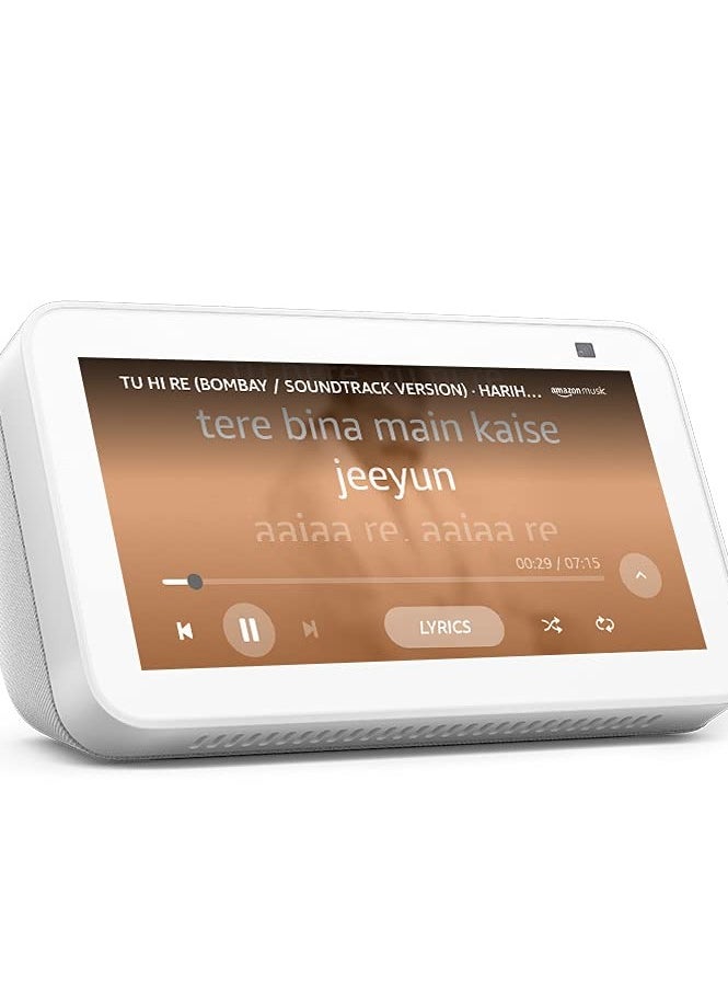 REBENUO - Echo Show 5 (2rd Gen, 2021 release)  Smart display & alarm clock with clearer sound  Use your voice to control smart home devices, play music or the Quran, & more (speaks Khaleeji)  White - Image 1