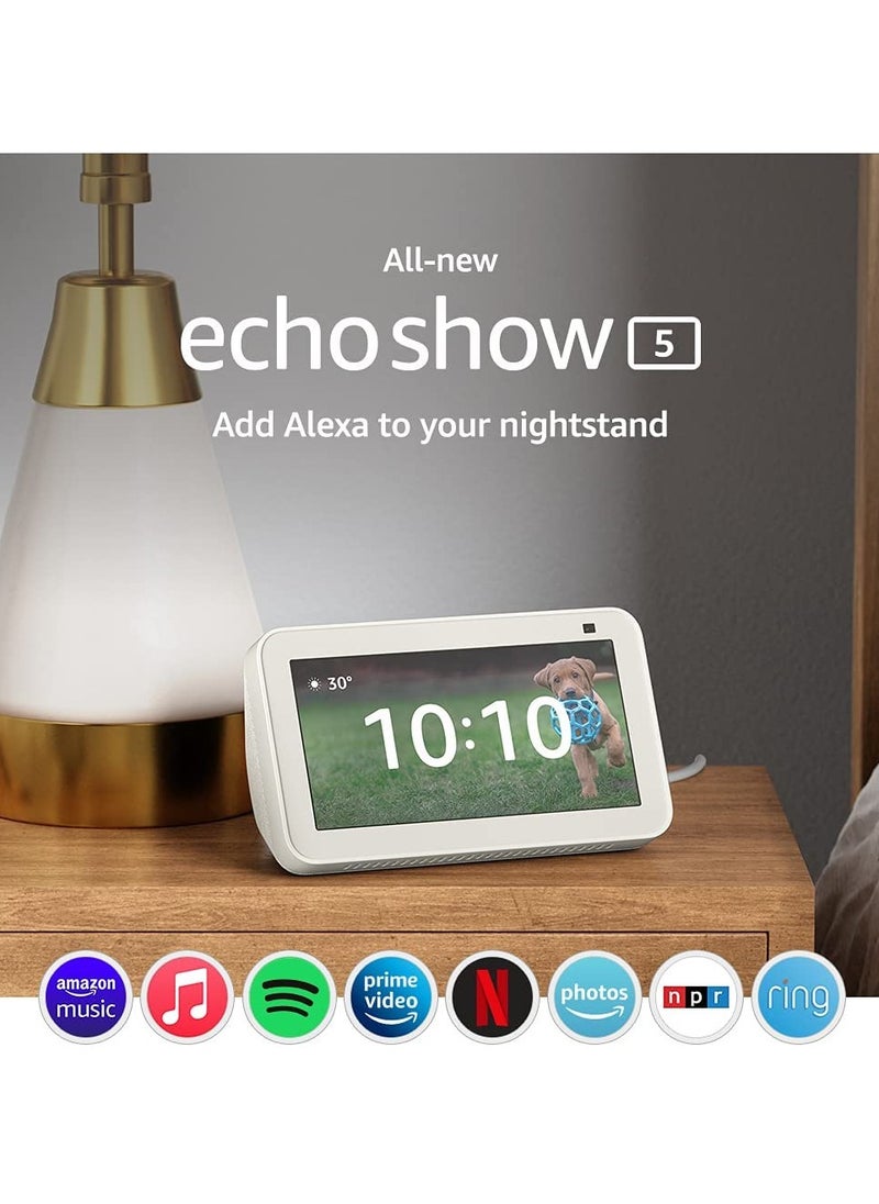 REBENUO - Echo Show 5 (2rd Gen, 2021 release)  Smart display & alarm clock with clearer sound  Use your voice to control smart home devices, play music or the Quran, & more (speaks Khaleeji)  White - Image 1