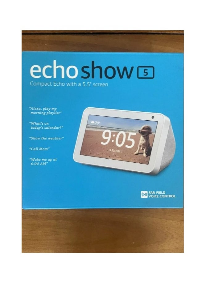 REBENUO - Echo Show 5 (2rd Gen, 2021 release)  Smart display & alarm clock with clearer sound  Use your voice to control smart home devices, play music or the Quran, & more (speaks Khaleeji)  White - Image 1