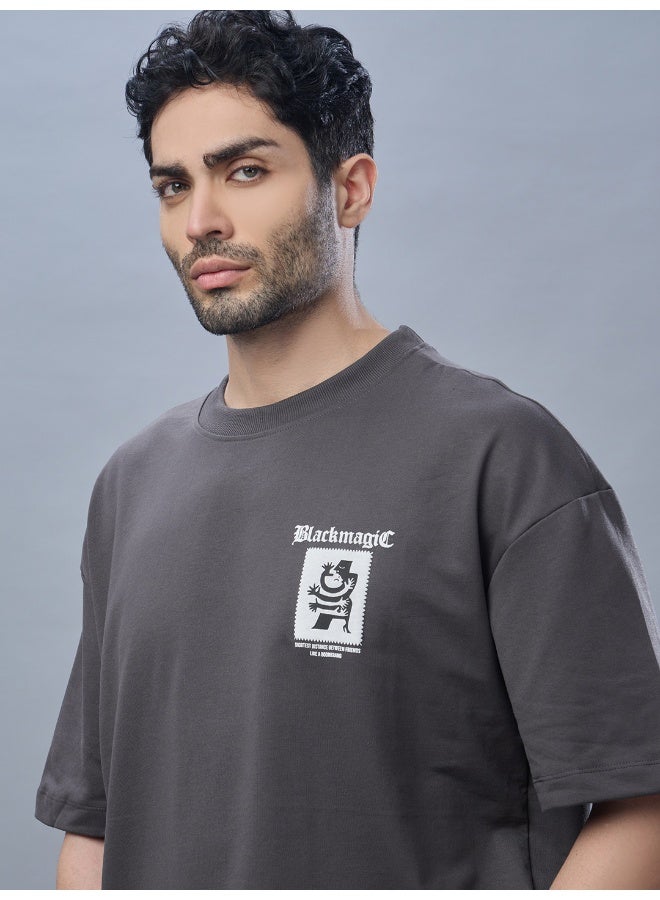 QUCO Grey Oversized Puff Printed T-Shirt for Men - Image 2