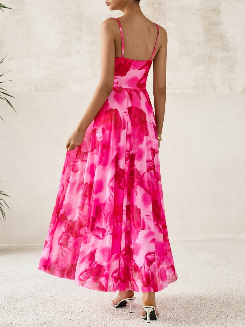 BTFBM Women Summer Floral Maxi Dresses Elegant Spaghetti Strap Dress Printed Party Dress Beach Long Dresses(Floral Pink,Large) - Image 3