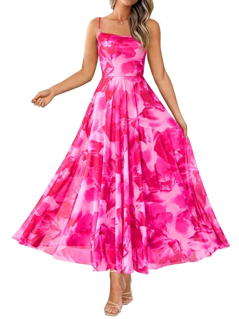 BTFBM Women Summer Floral Maxi Dresses Elegant Spaghetti Strap Dress Printed Party Dress Beach Long Dresses(Floral Pink,Large) - Image 1