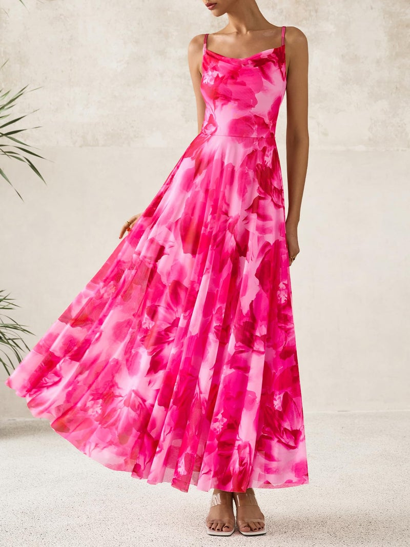 BTFBM Women Summer Floral Maxi Dresses Elegant Spaghetti Strap Dress Printed Party Dress Beach Long Dresses(Floral Pink,Large) - Image 2