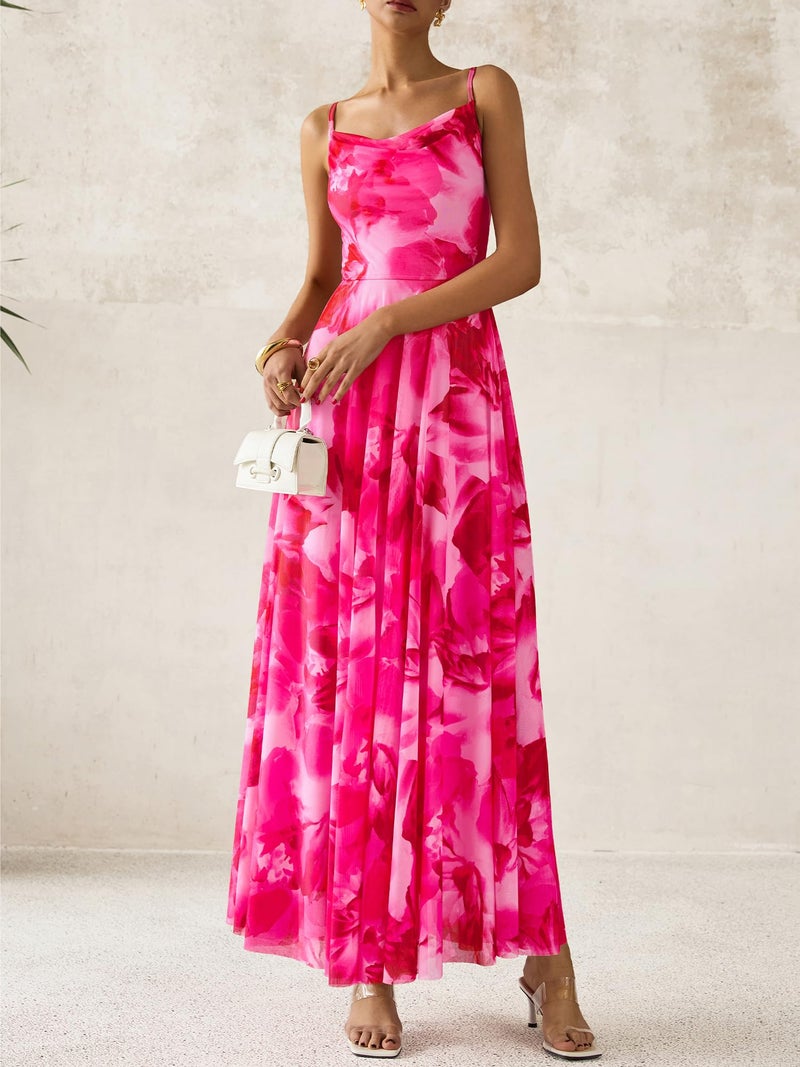BTFBM Women Summer Floral Maxi Dresses Elegant Spaghetti Strap Dress Printed Party Dress Beach Long Dresses(Floral Pink,Large) - Image 5