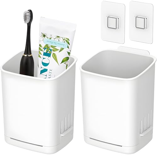First-zgel 2 Pcs Toothbrush Holder Wall Mounted No Drilling Toothbrush Holders for Bathroom Shower Electric Toothbrush and Toothpaste Razor Holder Removable Self Draining for Bathroom Kitchen White - Image 1