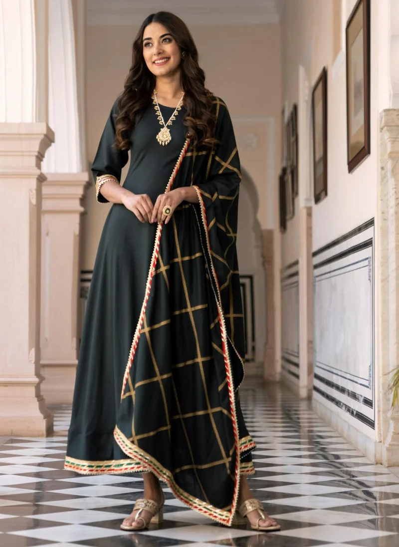 ZERESOUQ Emerald Green Long Kurta Dress With Dupatta