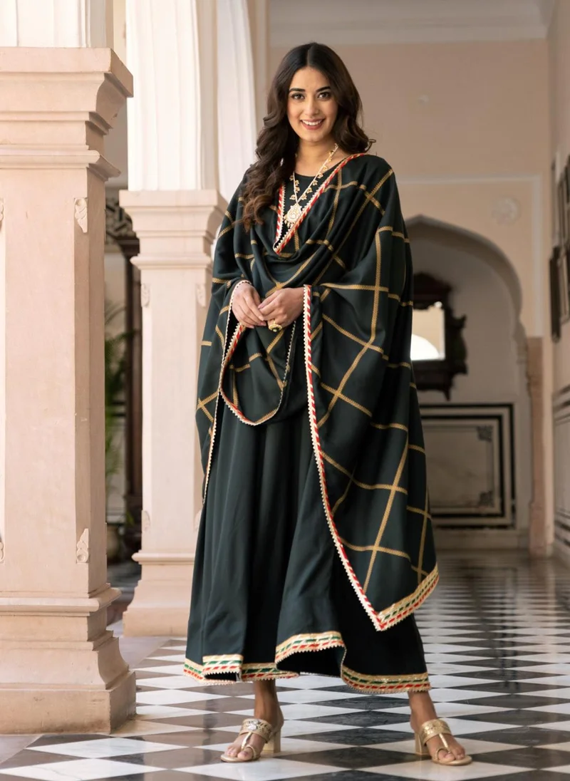 ZERESOUQ Emerald Green Long Kurta Dress With Dupatta