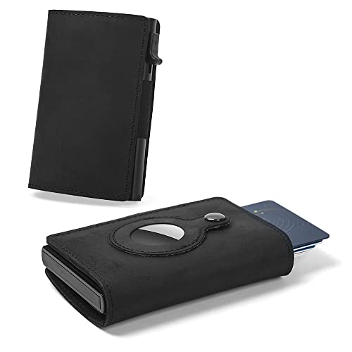 Fermido Slim Wallet for AirTag Genuine Leather RFID Credit Card Holder Automatic Pop up Wallet | Slim Design Multipurpose Accessory for AirTag Case for Men (Black Leather)… - Image 1