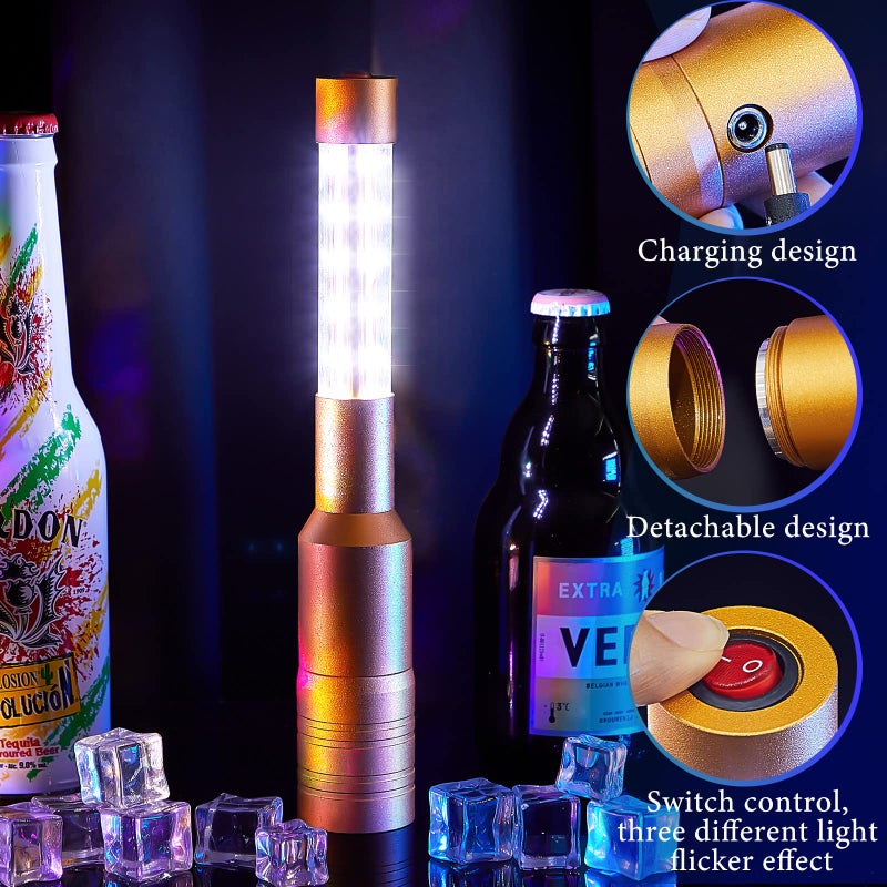 Lewtemi Lewtemi 4 Pieces LED Strobe Baton Lights Led Bottle Service Sparklers Rechargeable Champagne Bottle Topper Lights for VIP Nightclubs Party Event(Gold)  - Image 3