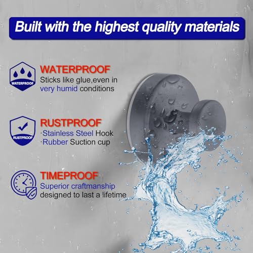 Bntuk Suction Cup Hooks for Shower, Removable Towel Hooks for Bathroom Window Glass Door Wall, Bath Robe Looafh Hook for Hanging - 4 Pack, Grey - Image 2
