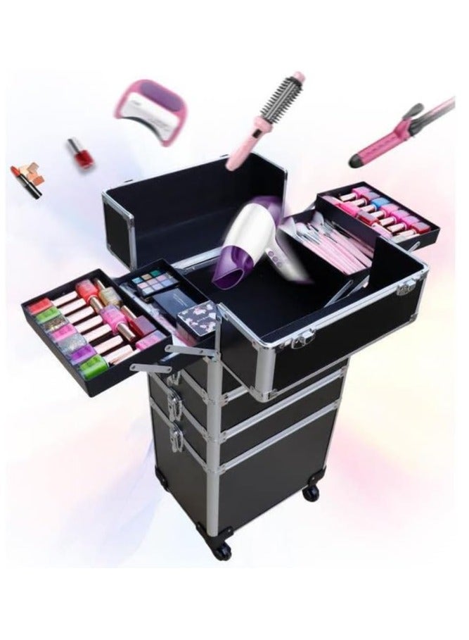 Makeup Case Professional Makeup Trolley Case Large Capacity Cosmetic Case Portable Train Case Travel with Wheels for Makeup Artist, Nail Tech, Masseuse, Hairstylist（4 Layers, Black） - Image 2