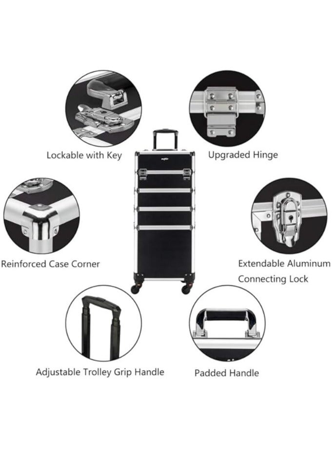 Makeup Case Professional Makeup Trolley Case Large Capacity Cosmetic Case Portable Train Case Travel with Wheels for Makeup Artist, Nail Tech, Masseuse, Hairstylist（4 Layers, Black） - Image 4