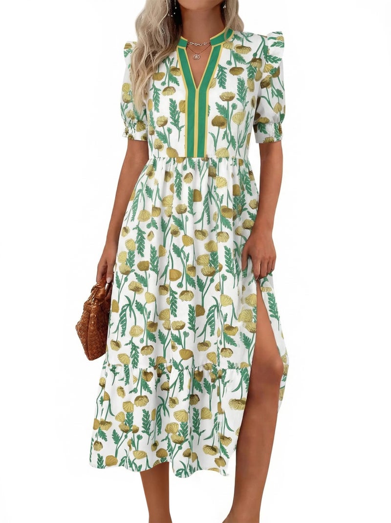 Wenrine Womens Summer Floral Midi Dress Casual Puff Short Sleeve V Neck Swing Flowy Boho Beach Dresses with Pockets Yellow - Image 1