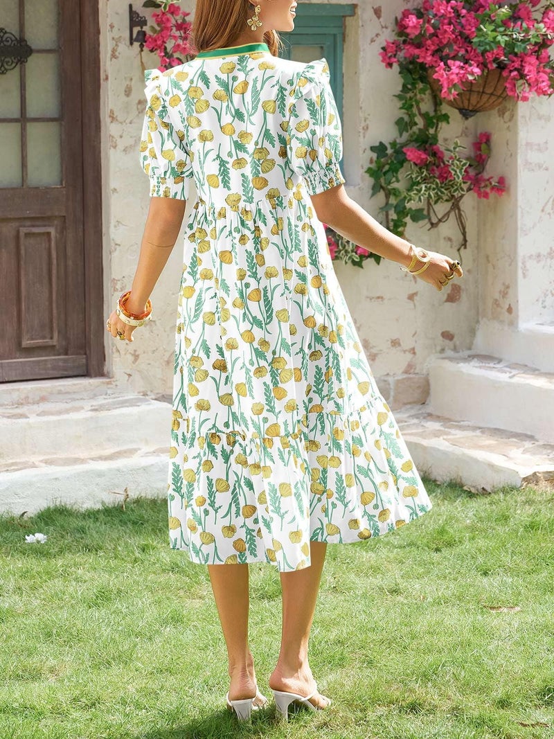 Wenrine Womens Summer Floral Midi Dress Casual Puff Short Sleeve V Neck Swing Flowy Boho Beach Dresses with Pockets Yellow - Image 4