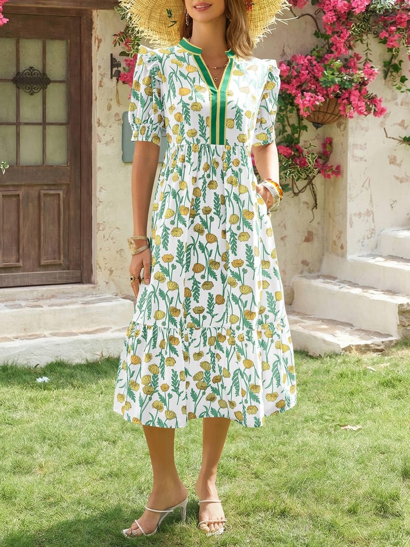 Wenrine Womens Summer Floral Midi Dress Casual Puff Short Sleeve V Neck Swing Flowy Boho Beach Dresses with Pockets Yellow - Image 3
