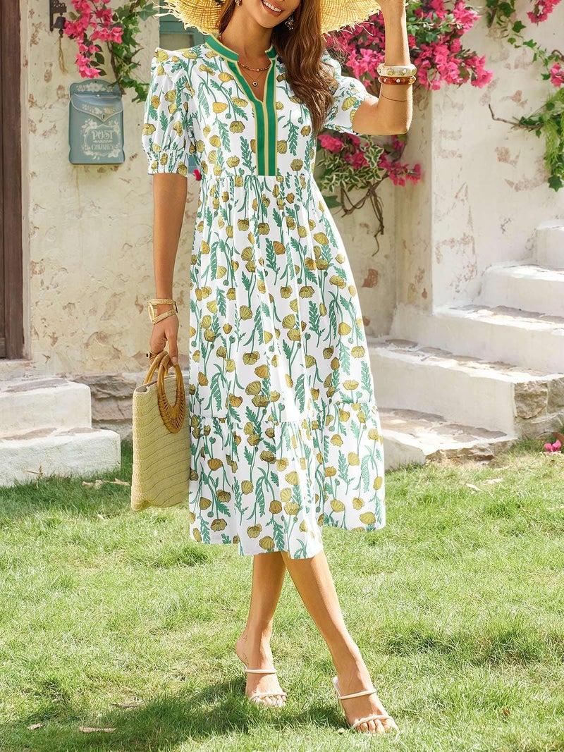 Wenrine Womens Summer Floral Midi Dress Casual Puff Short Sleeve V Neck Swing Flowy Boho Beach Dresses with Pockets Yellow - Image 5