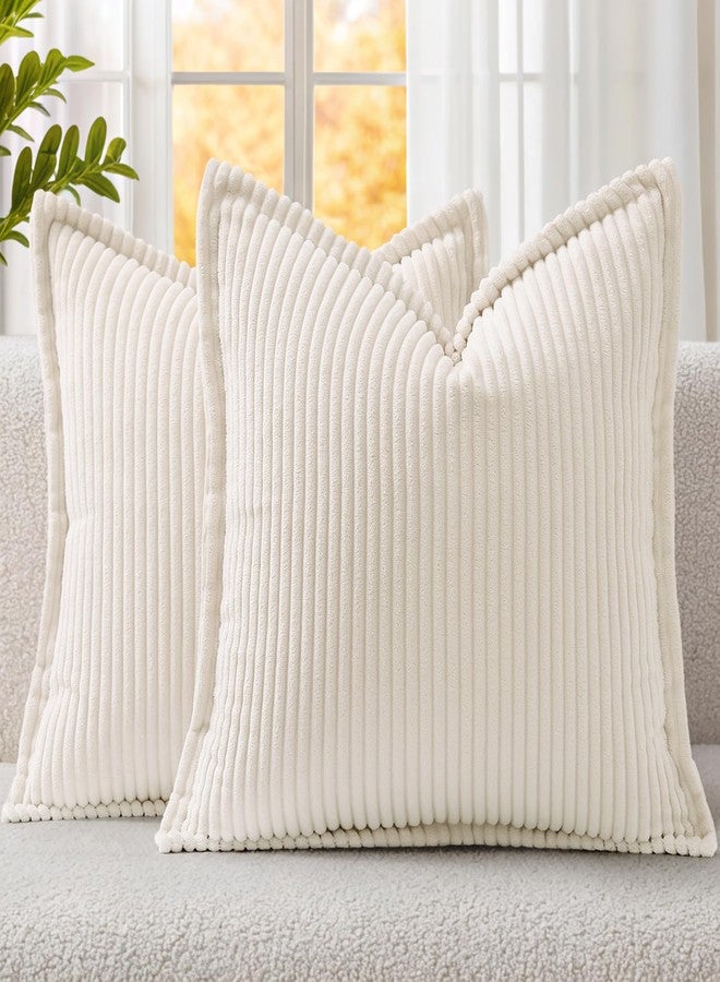 Mecatny Corduroy Throw Pillow Covers 18x18 Set of 2, Neutral Decorative Soft Boho Couch Pillow Covers with Broadside for Sofa Living Room, Cream White - Image 1
