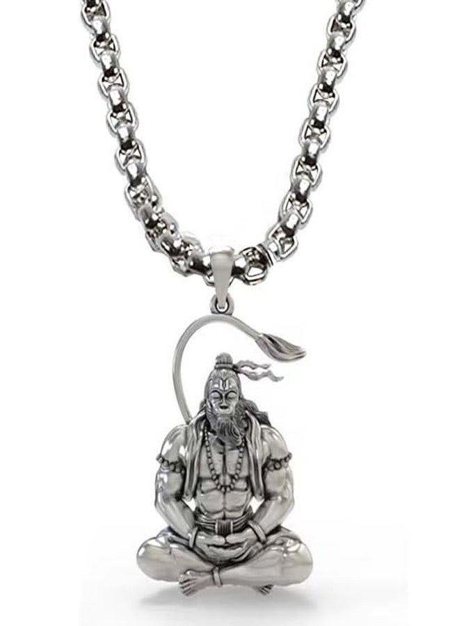 RCW Lord Hanuman Sitting Pose Pendant Chain for Men | Silver-Tone Stainless Steel Spiritual Necklace - Image 1