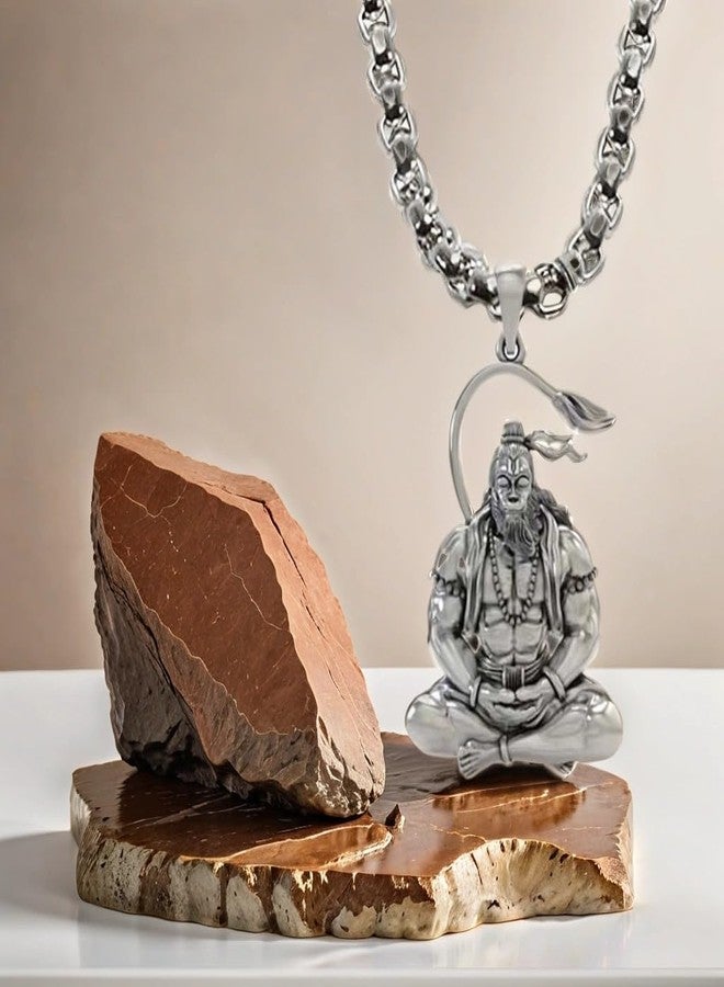 RCW Lord Hanuman Sitting Pose Pendant Chain for Men | Silver-Tone Stainless Steel Spiritual Necklace - Image 2